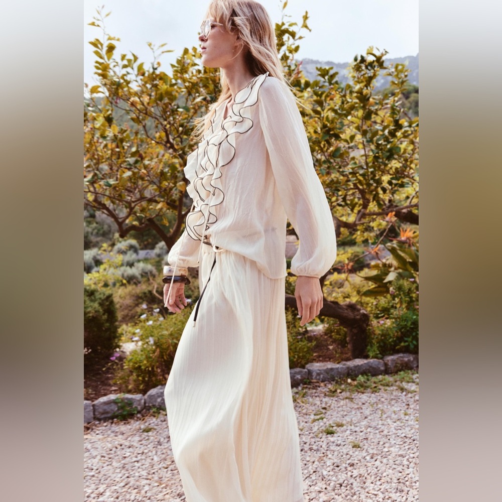 Silky Ruffle V-Neck Long Sleeve Maxi Top - Cream - Picture 3 of 8